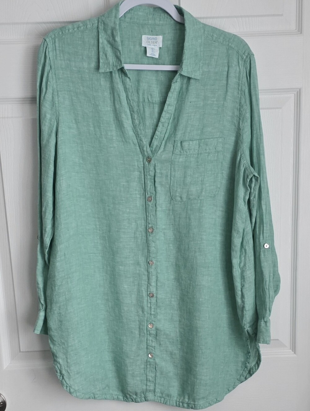 Sigrid Olsen Vintage Green 100% Linen Button Down Tunic Shirt Size Large